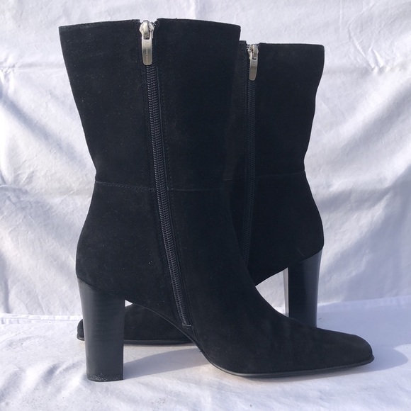 Anne Klein Black Suede Mid Calf High Heel Boots w/Square Toe - Picture 4 of 16